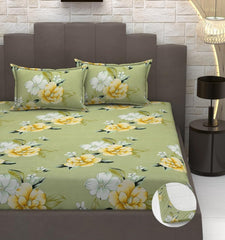 Cotton Elastic Fitted Bedsheets With 2 King Size Pillow Covers - 72 X 78 X 10 Inches, Light Green | Double Bed With All Around Elastic 350 Thread Count