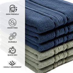 Akiko Home 100% Cotton Essential Series Hand Towels 1200 Gsm | Soft, Absorbent & Durable, Cotton Hand Towel For Bathroom Use, Gentle On Skin- Pack Of 6 (Navy & Green)