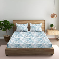 King Size Fitted Bedsheet With 2 Large Pillow Covers - 108 X 108 Inches, Sea Green & White | Soft, Breathable & Durable | Wrinkle Resistant