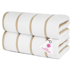 Casa Copenhagen Pack Of 2 Cabana Pool Xl Bath Towels 610 Gsm (White Beige Stripe)
