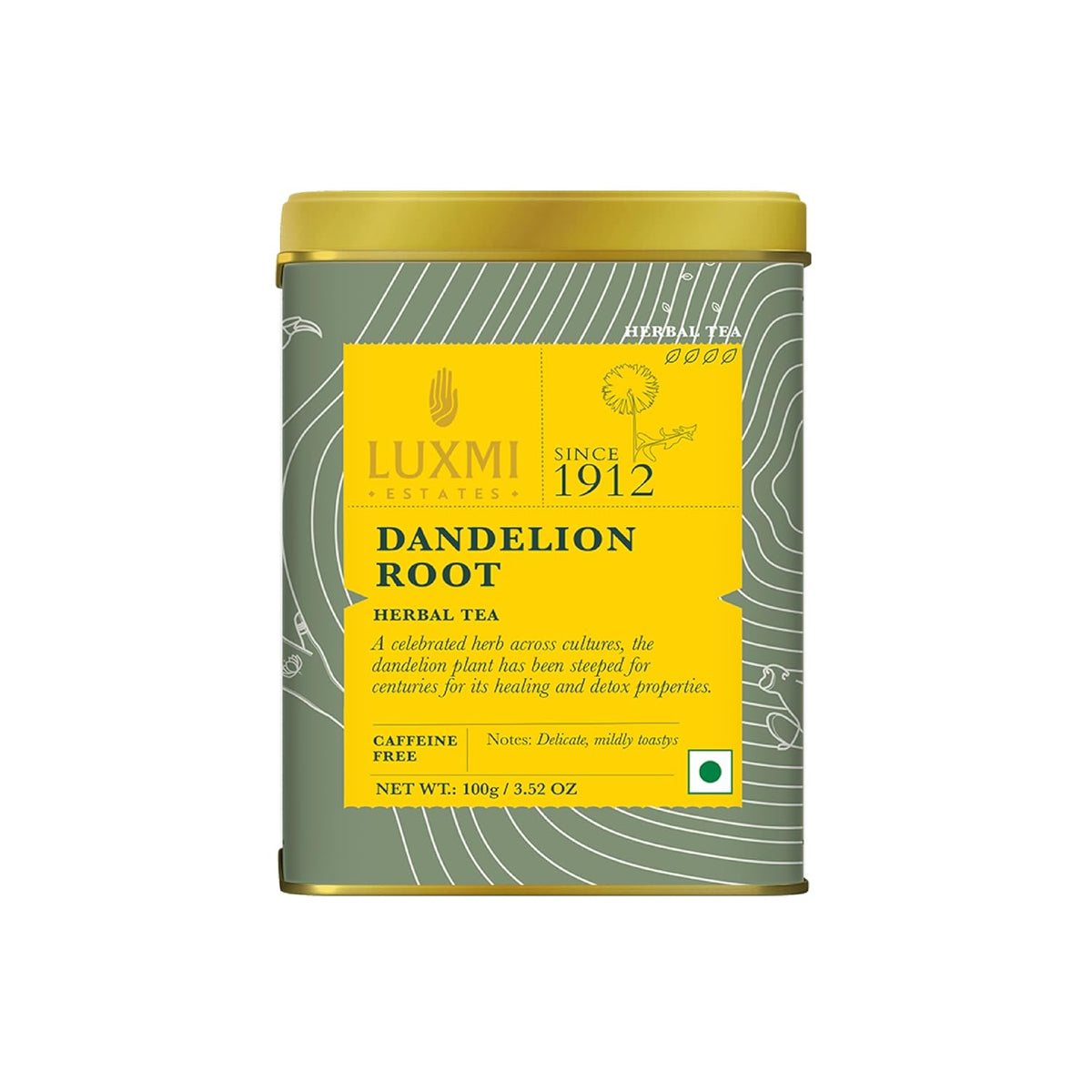 Luxmi Estates Dandelion Root Herbal Tea - 100gm Tin Caddy, 3.5 Ounce, 50 Cups | USDA Certified Organic Herbal Tea - Single Ingredient, Caffeine-Free Loose Leaves