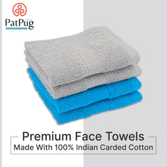 Patpug 100% Indian Ultra Soft Cotton Face Towel 500 Gsm | Napkin, Baby Face Towel, For Facewash, Gym, Travel, Hanky (Turquoise Blue & Silver Grey) | Pack Of 4