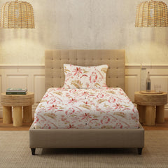 100% Cotton Bedsheet For Single Bed With 1 Pillow Cover, (Size 58 X 90 Inches) White & Peach | Soft And Comfortable For All Season | 200 Thread Count