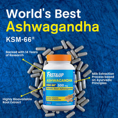 Fast & Up 500mg Ksm-66 Ashwagandha, World's Best Ashwagandha For Extra Strength & Power, Stress Relief, Natural Vitality Booster, Pure & Potent | 60 Capsules 100gm 0.2lbs