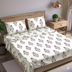 Premium 100% Cotton Queen Size Bedsheet With 2 Pillow Covers - 90 X 104 Inches, White & Pink | 180 Thread Count Ultra Soft | Ideal For House, Guest Home, Hotel