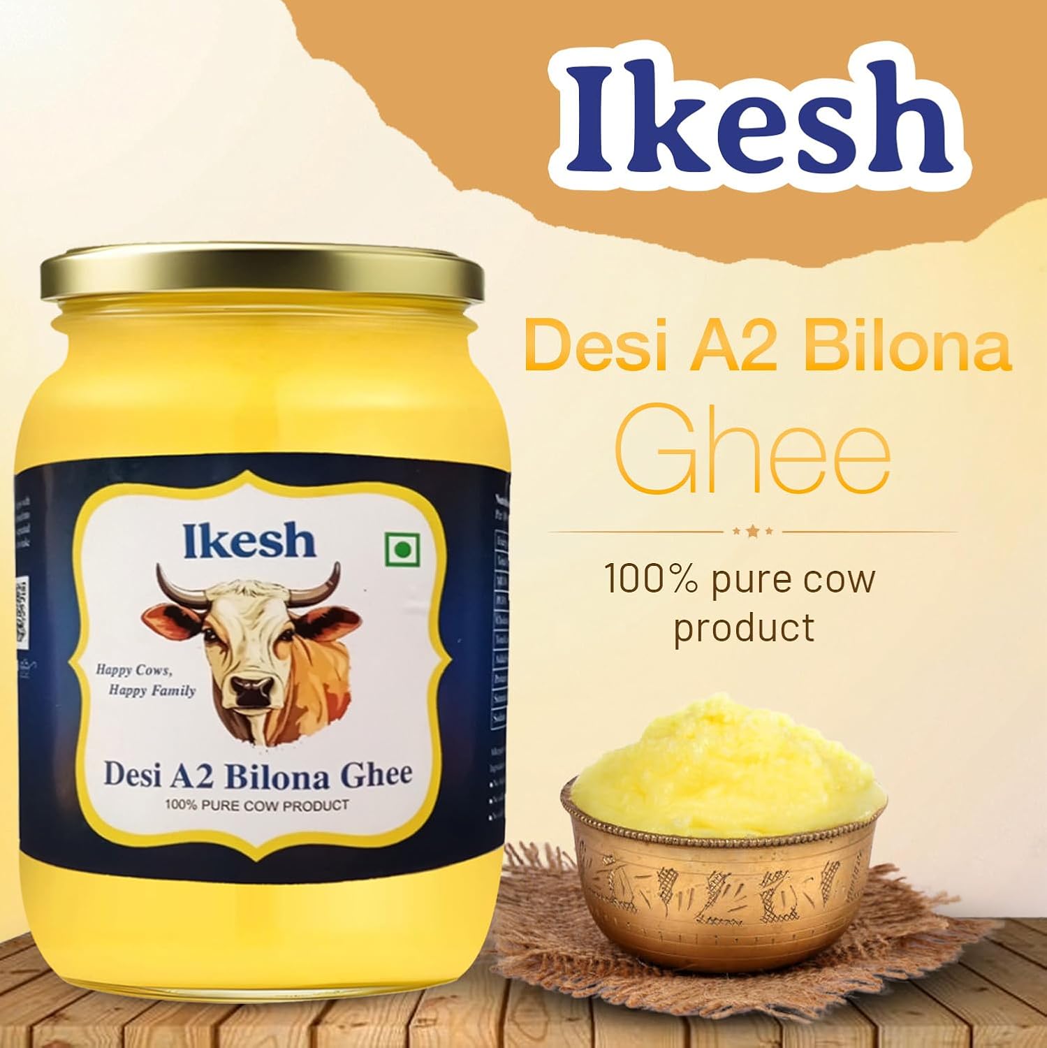 Organic A2 Bilona Cow Desi Ghee By Ikesh | High In Protein Fiber Healthy Desi Bilona Method Ghee Perfect For Heart Health | (500ml) 16.9 Ounce | Jar Pack Organic A2 Bilona Cow Desi Ghee By Ikesh | High In Protein Fiber Healthy Desi Bilona Method Ghee Perfect For Heart Health | (500ml) 16.9 Ounce | Jar Pack