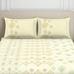 Double Bedsheet With 2 Pillow Covers (Size 88 X 100 Inch) Cream | Breathable Pure Cotton Queen Size Bedsheet | Floral Design Bedsheet
