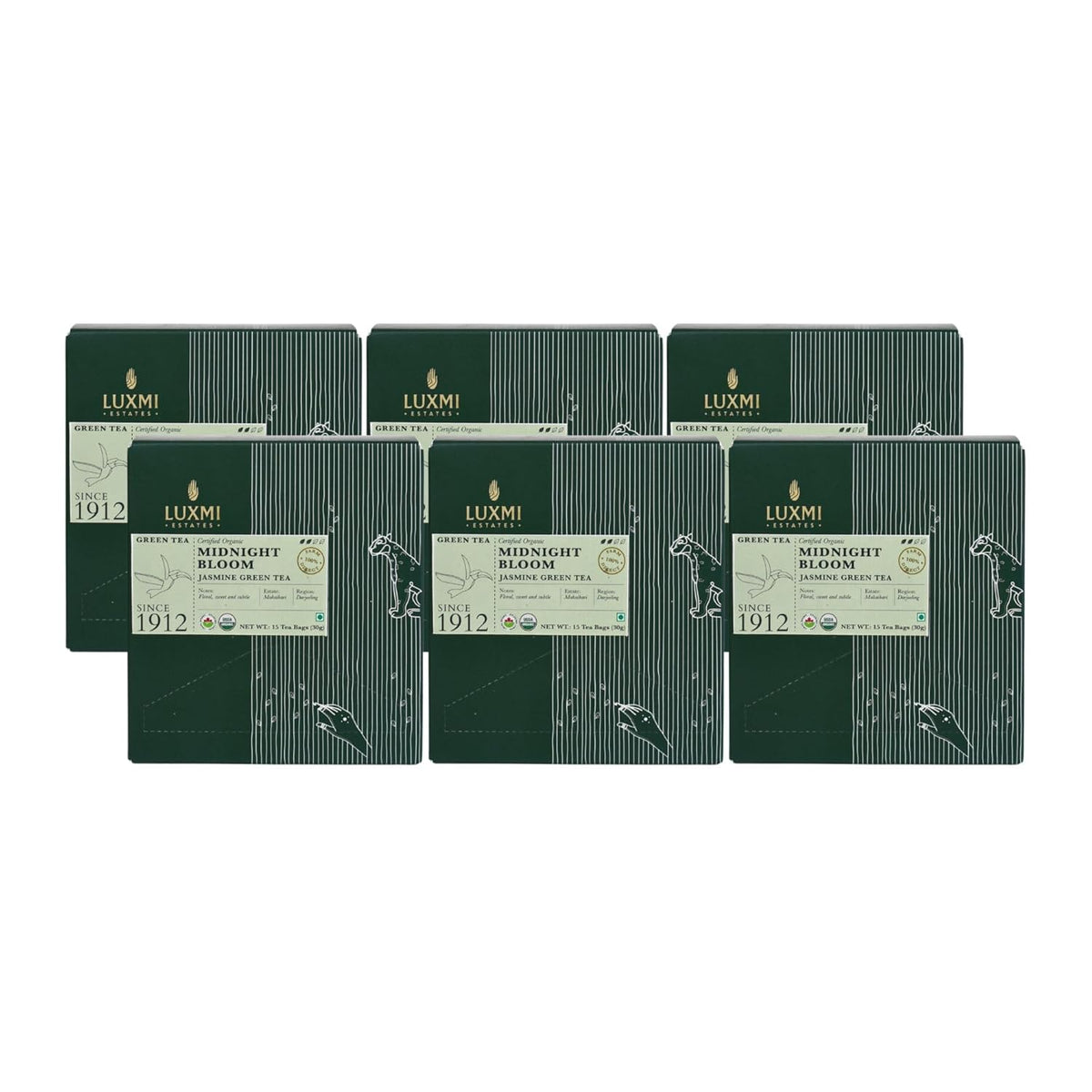 Luxmi Estates Midnight Bloom Jasmine Green Tea Pack Of 6 - 30gm, 1.05 Ounce, 15 Tea Bags In Each | USDA Certified Organic Tea - Low Caffeine Green Tea | Additives Free Darjeeling Green Tea
