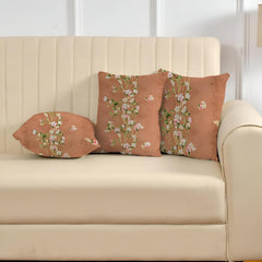Microfiber Square Pillow Cushion For Sofa & Bed, Brown Color - 24 X 24 Inch | Printed - Flower, Soft, Comfortable Pillow, Back, Neck Support | Breathable, Removable Cover - Set Of 3