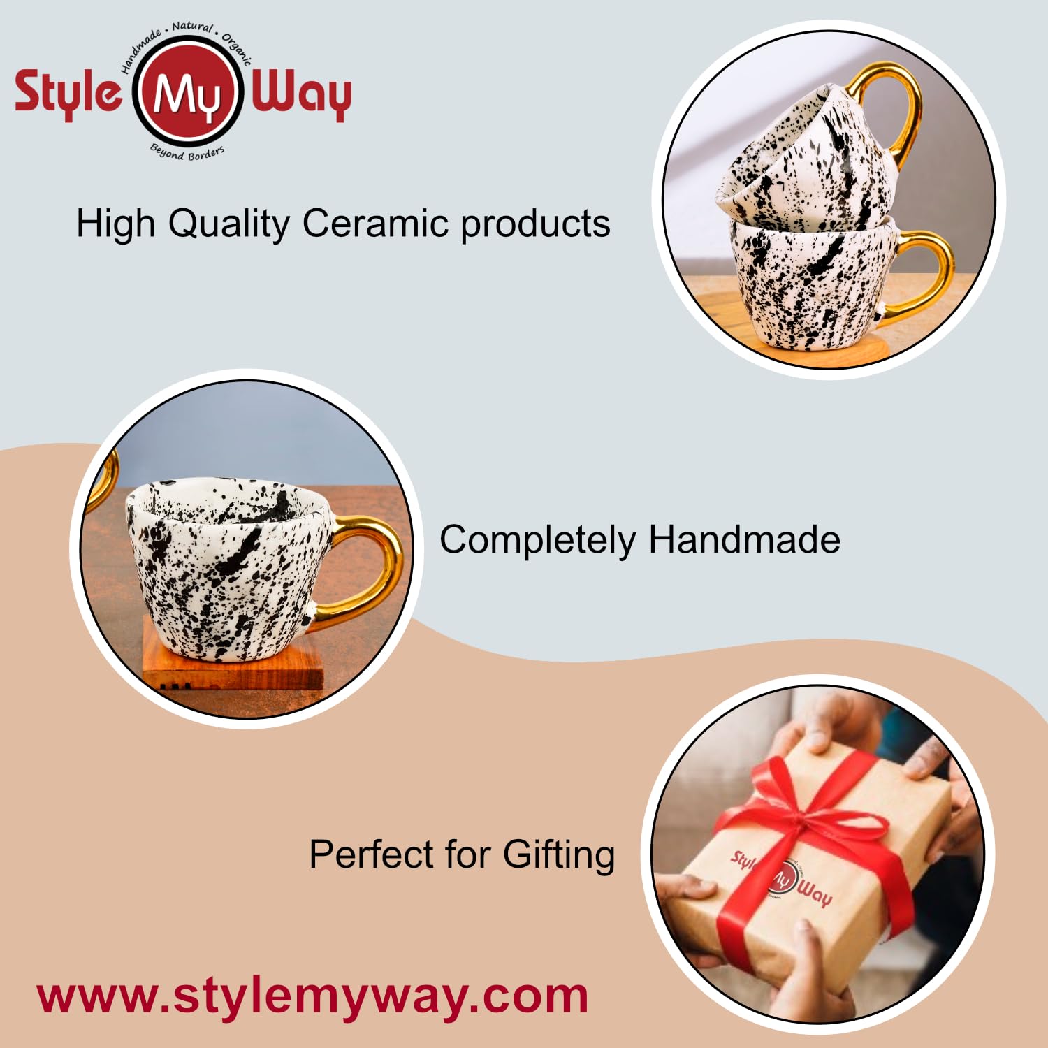 Premium Handmade Dalmation Ceramic Coffee Mugs With Golden Handle Set Of 2 - 200ml Each, White & Black | Tea Cups & Mugs - Chai Cups Premium Handmade Dalmation Ceramic Coffee Mugs With Golden Handle Set Of 2 - 200ml Each, White & Black | Tea Cups & Mugs - Chai Cups