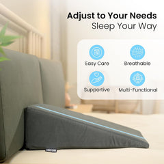 Wedge Pillow Memory Foam For Back Support, Grey, Wedge Medium Size - 20 X 20 X 7 Inch | Wedge Cushion Pillow, Acid Reflux, Snoring, Gerd, Leg Elevation, Pregnancy, Washable Cover