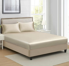 Satin Fitted Solid Bedsheet King Size With 2 Pillow Cover - 72 X 78 X 10 Inches, Beige | Lightweight & Breathable, Perfect For All Seasons