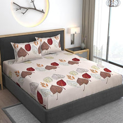 Cotton Bedsheets All Around Elastic Floral Fitted For Double Bed With 2 Pillow Covers - 78 X 60 Inches, Brown | Premium Super Soft Fitted Bedsheet Queen Size