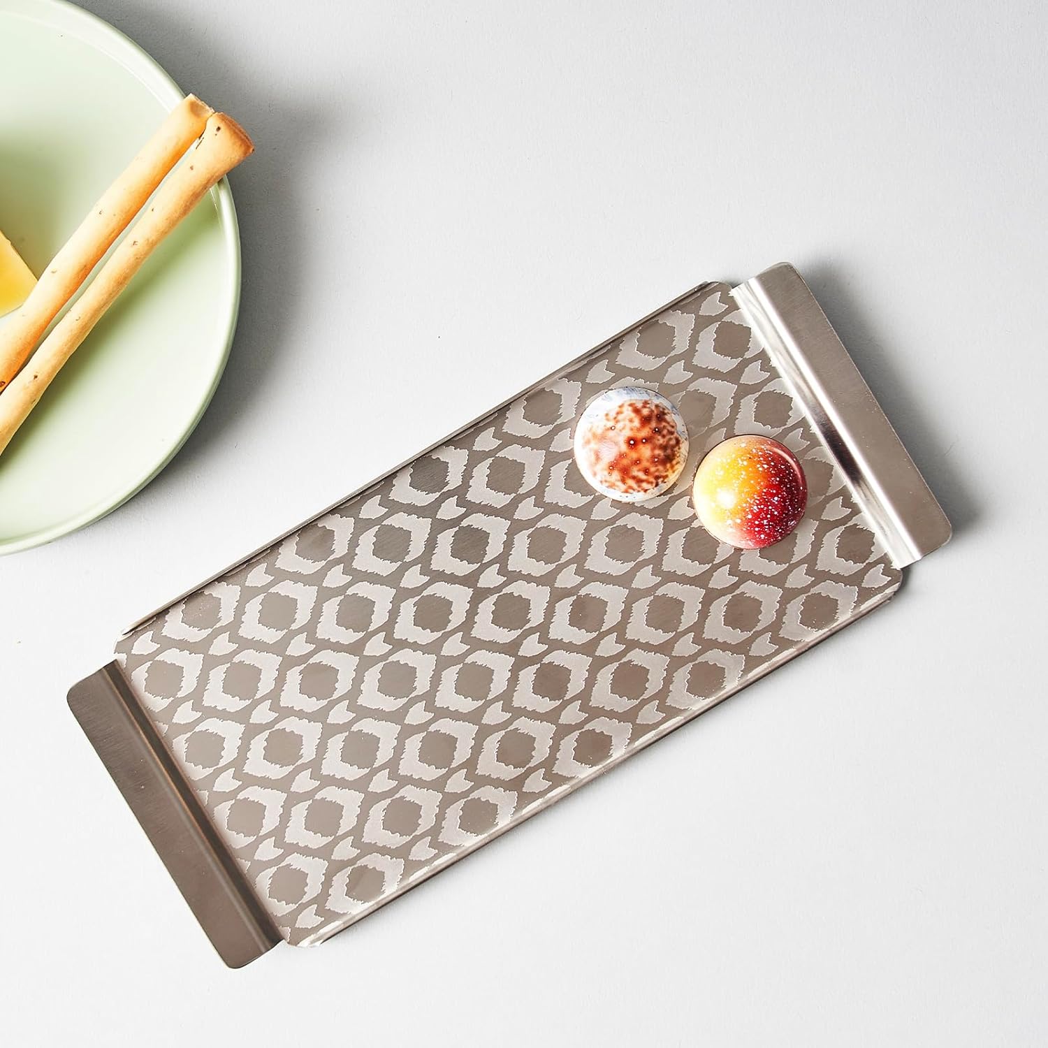 Designer Chrome Stainless Steel Small Tray - Ikat Series, Matt Finish | Corporate Gifting For Diwali - Multipurpose Serving Platter | Premium Serve Ware, Dinnerware & Tableware Designer Chrome Stainless Steel Small Tray - Ikat Series, Matt Finish | Corporate Gifting For Diwali - Multipurpose Serving Platter | Premium Serve Ware, Dinnerware & Tableware