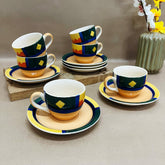 Hand Painted Boho Fiesta Ceramic Cups & Saucers Set Of 6 | Tea Cup Set Of 6 Cups + 6 Saucers For Tea, Coffee, Hot Drinks - 12 Pieces, 150ml, Microwave Safe