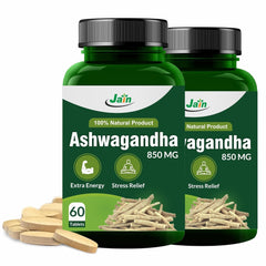 Jain Ashwagandha 850mg Tablets - Extra Energy, Stress Relief, 100% Natural, Improves Sleep, Reduces Sugar Restorative Benefits | 60 Tablets 100gm 0.2lbs Each Pack Of 2