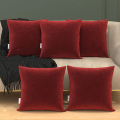 Microfiber Square Pillow, Cushion For Sofa, Car & Decoration, Maroon - 12 X 12 Inch | Throw Pillow, Back & Neck Support, Hypoallergenic, Washable, Maroon Velvet Cover - Pack Of 5