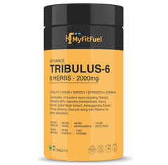 Myfitfuel Tribulus Terrestris +6 Herbs 2000mg Gokshura 50% Saponins, Ginseng, Kaunj, Safed Musli, Ashwagandha, Guduchi & Piperine 95% For Performance, Muscle & Energy | 60 Tablets 100gm 0.2lbs
