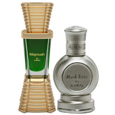 Ajmal Majmua 10ml 0.3 Fl.oz. & Musk Rose Concentrated Perfume Oil 12ml 0.4 Fl.oz. Oriental & Floral Non-alcoholic Attar For Unisex, Woody, Spicy, Fresh Pack Of 2