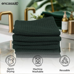 Encasa Xo Kitchen Hand Towels Set 150 Gsm | Waffle Weave & Flat Hand Towel | Quick Drying Reusable Cotton Washcloths | Set Of 6 (Green)