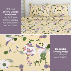 King Size Pure Cotton Floral Sheet With 2 Pillow Covers | 108 X 108 Inches, Yellow & Green | Perfect For Gifting On Weddings, Housewarmings, Or Anniversaries