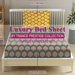 Cotton Printed Single Flat Bedsheet With 1 Pillow Cover - 60 X 100 Inches, Warm Grey & Mustard | Breathable & Skin Friendly Bedsheet | Ideal For Year Round Use