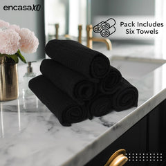 Encasa Xo Kitchen Hand Towels Set 150 Gsm | Waffle Weave & Flat Hand Towel | Quick Drying Reusable Cotton Washcloths | Set Of 6 (Black)