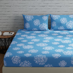 Fitted Double Bedsheet Cotton With 2 Pillow Covers - 60 X 78 Inches, Blue & White | Ideal For Daily Use & Gifting Bedsheet