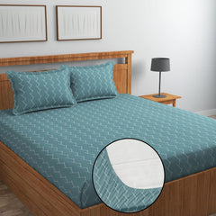 Pure Cotton Full Elastic Fitted Bedsheets For Double King Size Bed With 2 Pillow Covers | 72x78+10 Inches, Teal & White | Super Soft Brushed Glace | Breathable & Wrinkle Free