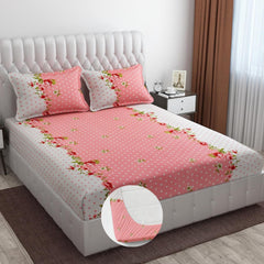 Elastic Fitted Double Bedsheets For King Size With 2 Pillow Covers - 72 X 78 X 10 Inches, White & Peach | Premium Heavy Cotton All Around Elastic Fitted | Ideal For Hotel, Home, Bedroom