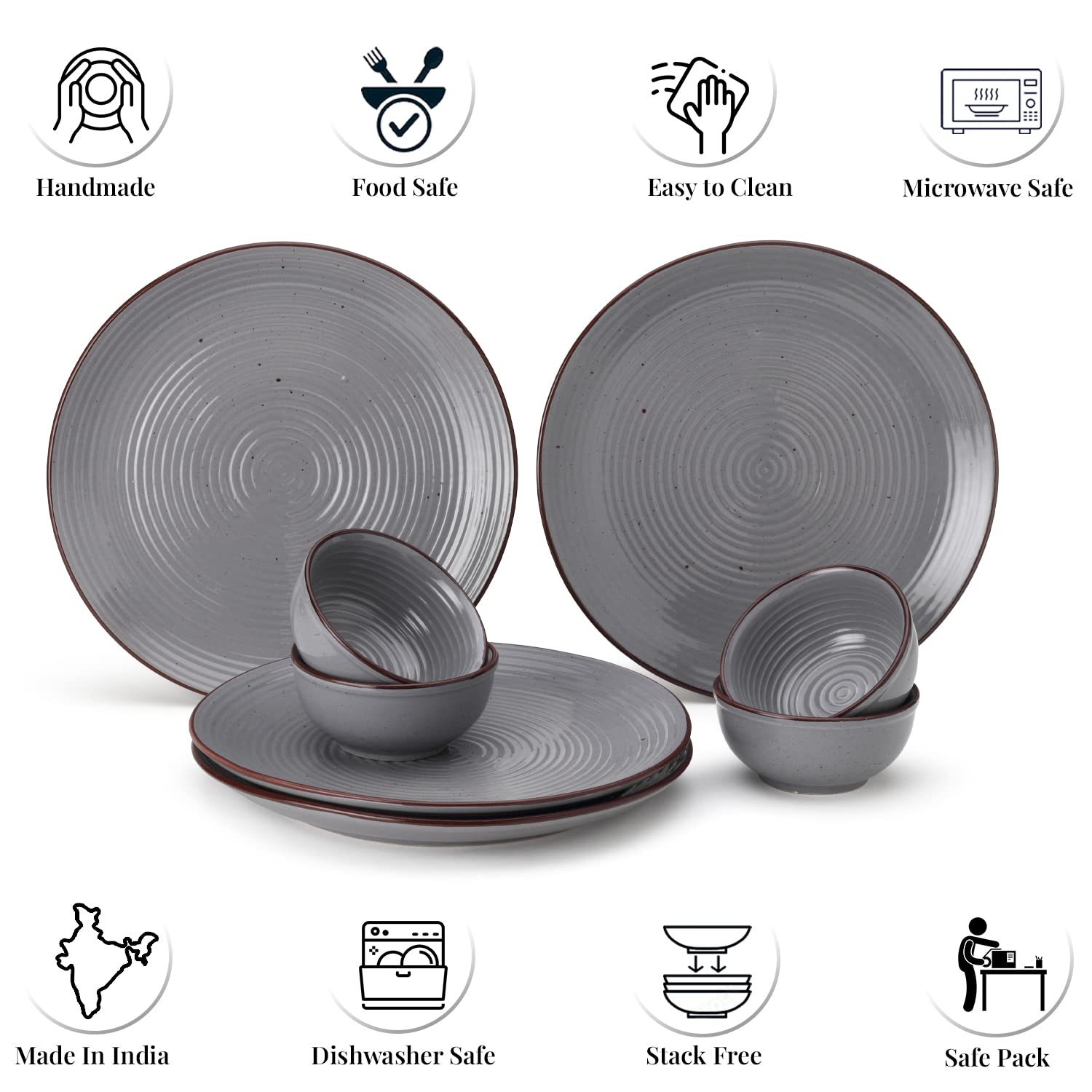 Hand Painted Stoneware Dinner Set Of 4 - Ceramic Pack Of 8 Pcs, Grey | 4 Dinner Plates + 4 Bowl Or Katori, 180ml Each - Microwave & Dishwasher Safe | Serving For 4 Hand Painted Stoneware Dinner Set Of 4 - Ceramic Pack Of 8 Pcs, Grey | 4 Dinner Plates + 4 Bowl Or Katori, 180ml Each - Microwave & Dishwasher Safe | Serving For 4