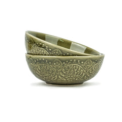 Ceramic Carving Medium Serving Bowls Set Of 2 Pcs - 630ml Each, Mehndi Green Carving | Premium Ceramic Bowls - Medium Size | Microwave Safe Bowls - Bowl Sets With Glossy Finish | Ceramic Bowl