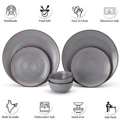 Handcrafted Ceramic Stoneware Dinner Set Of 6 Pcs - Grey | 2 Dinner Plates, 10 Inch Each + 2 Small Plates, 7 Inch Each + 2 Dinner Katori, 180ml Each | Microwave & Dishwasher Safe