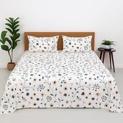 King Bed Bedsheet With 2 Pillow Covers Soft & Breathable Fabric - 108x108 Inch, White | Floral Print Bedsheet Set - Ideal For Daily Use & Gifting