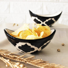 Black Moroccan Hand Painted Ceramic Serving Bowl Set Of 2 Pcs For Snacks, Dinner - 190ml Each | Microwave Safe & Dishwasher Safe