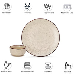 Handcrafted Ceramic Stoneware Dinner Set - Pack Of 12 Pcs, Beige Speckled | 4 Dinner Plates, 10.6 Inch Each + 8 Small Dinner Bowl, 170ml Each - Microwave & Dishwasher Safe