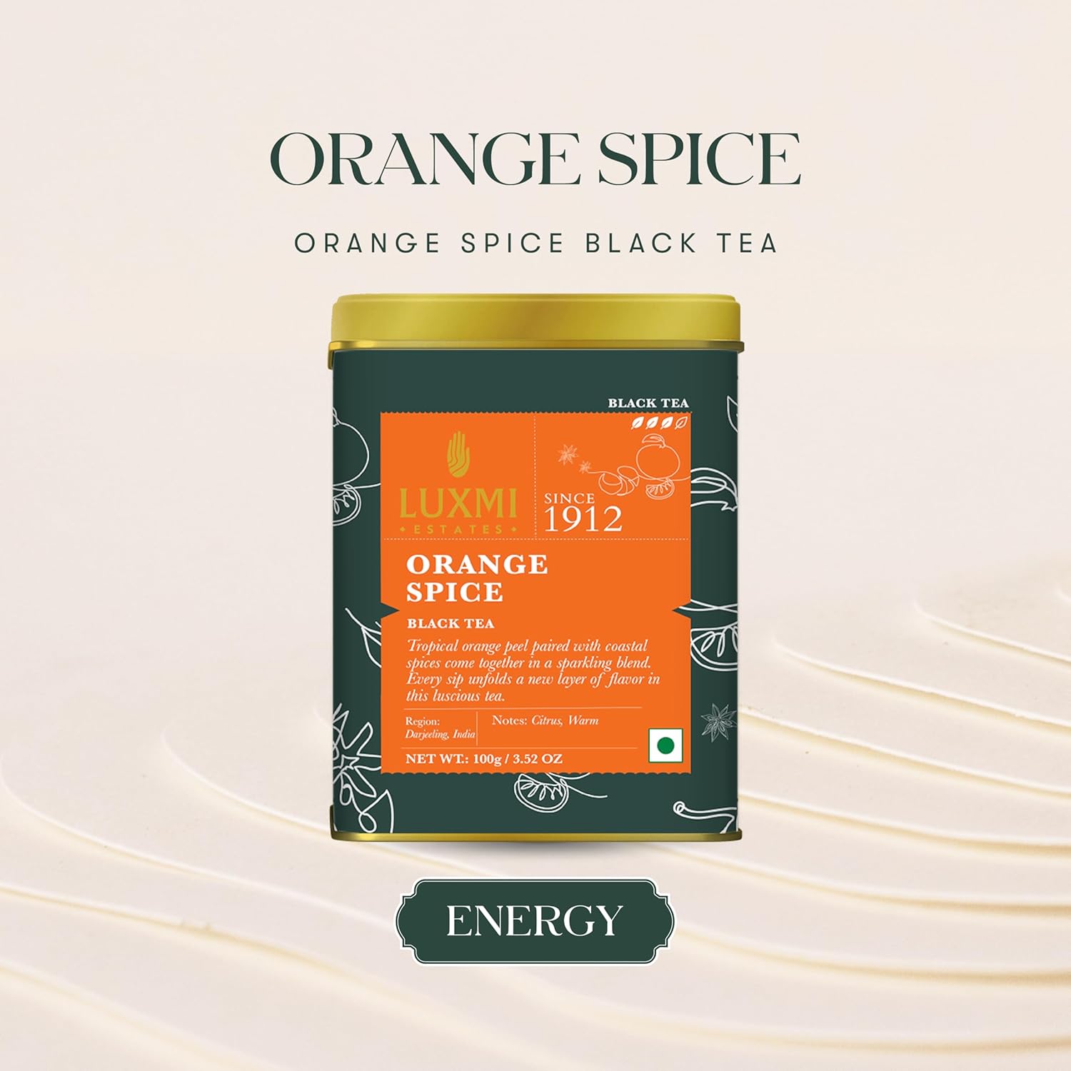 Luxmi Estates Orange Spice Black Tea - 100gm Tin Caddy, 3.5 Ounce, 50 Cups | USDA Certified Organic Tea - Medium Caffeine Black Tea | Rich In Antioxidants, Additives Free Luxmi Estates Orange Spice Black Tea - 100gm Tin Caddy, 3.5 Ounce, 50 Cups | USDA Certified Organic Tea - Medium Caffeine Black Tea | Rich In Antioxidants, Additives Free
