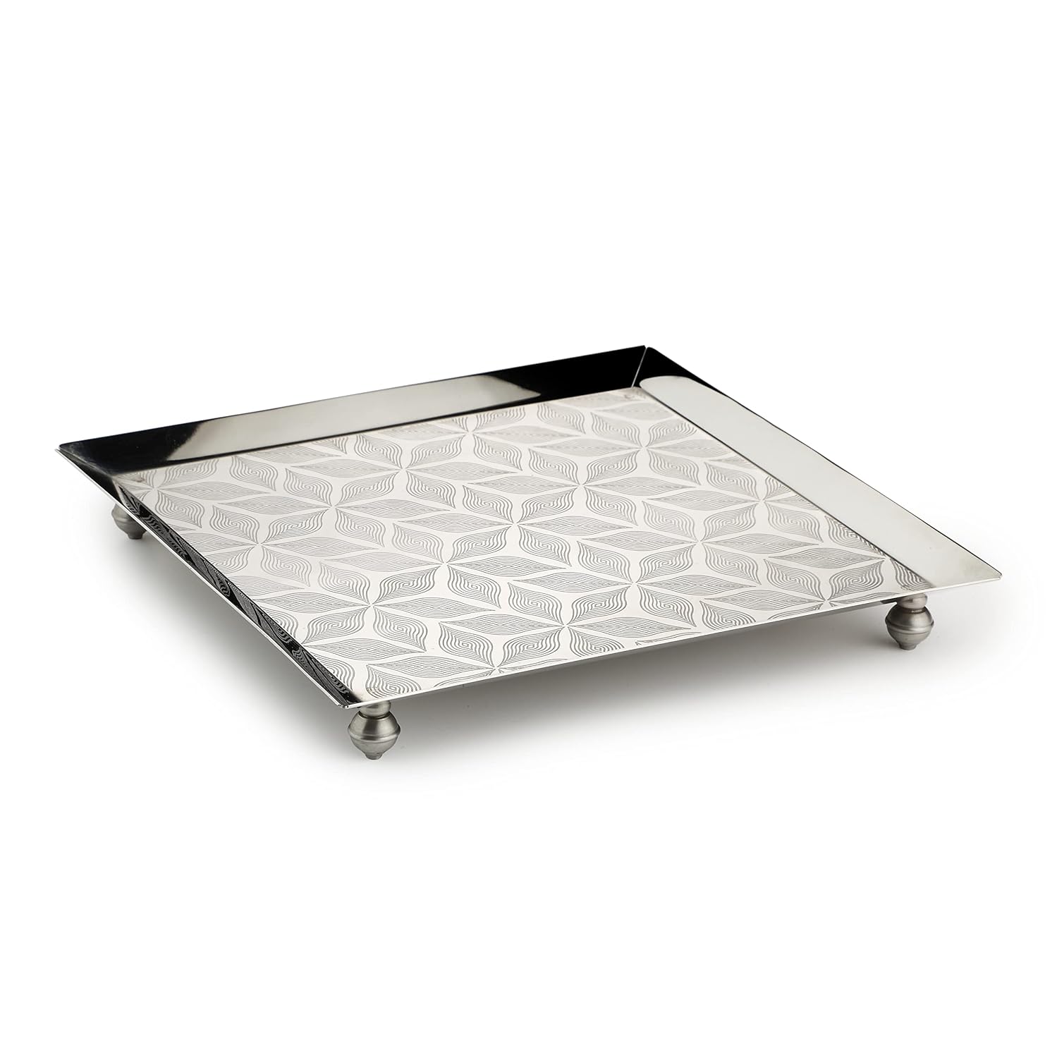 Designer Chrome Stainless Steel Square Platters With Legs - Large | Serving Tray For Food Dessert Fruit Coffee Tea - Square Engraved Pattern Designer Chrome Stainless Steel Square Platters With Legs - Large | Serving Tray For Food Dessert Fruit Coffee Tea - Square Engraved Pattern