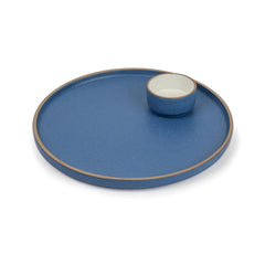 Large Round Ceramic Serving Platter, Blue - 1 Platter + 1 Dip Bowl, 75ml Japandi Series | Big Serving Plate Set With Matte Finish - Platters Serving Set | Ceramic Round Platter - Microwave Safe