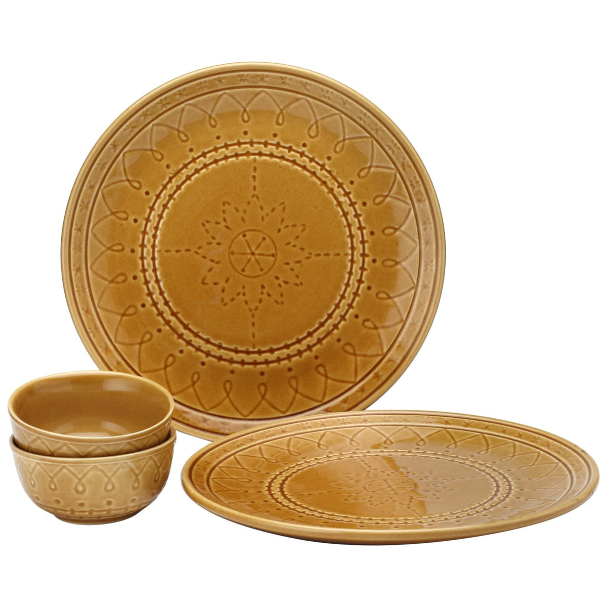 Handcrafted Stoneware Embossed Ceramic Dinner Set Of 4 Pcs - Golden Brown | 2 Dinner Plates + 2 Small Dinner Bowls, 180ml Each - Microwave & Dishwasher Safe