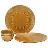 Handcrafted Stoneware Embossed Ceramic Dinner Set Of 4 Pcs - Golden Brown | 2 Dinner Plates + 2 Small Dinner Bowls, 180ml Each - Microwave & Dishwasher Safe