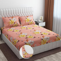 Elastic Fitted Bedsheets For King Size With 2 Pillow Covers - 72 X 78 X 10 Inches, Peach | Premium Heavy Cotton All Around Elastic Fitted | Ideal For Hotel, Home, Bedroom