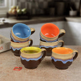 Studio Pottery Ceramic Flow Design Glazed Tea Cups Set Of 6 - Brown & Multicolor, 100ml Each | Chai Cups - Coffee Mug Set - Tea Cup Set