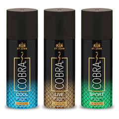 St. john Cobra Sports, Cool & Live Deodorants Body Spray 450ml 15.2 Fl.oz. Pack Of 3| Perfect For Husband & Wife