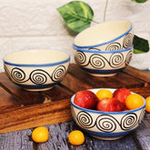 Blue Swirl Hand Painted Ceramic Dining Bowl Katoris - 4 Pieces, 180ml Each | Ceramic Bowls - Serving Bowls For Dinner, Snacks & Dessert - Microwave Safe