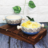 Blue Swirl Ceramic Snack Bowls With Handles - 2 Pieces, 300ml Each | Hand Painted Handled Soup Bowls - Ceramic Snacks Serving Bowls Set | Microwave Safe & Dishwasher Safe
