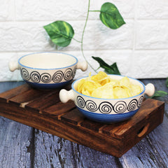 Blue Swirl Ceramic Snack Bowls With Handles - 2 Pieces, 300ml Each | Hand Painted Handled Soup Bowls - Ceramic Snacks Serving Bowls Set | Microwave Safe & Dishwasher Safe