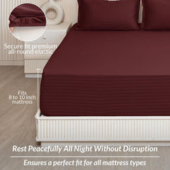 210 TC Cotton Double Bed Fitted Bedsheets With 2 Pillow Cases - 78 X 72 Inches, Maroon | Satin Stripes Wrinkle Free | Comfortable Fabric Bedsheet