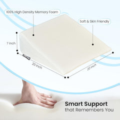 Wedge Pillow Memory Foam For Back Support, White, Wedge Medium Size - 20 X 20 X 7 Inch | Wedge Cushion Pillow, Acid Reflux, Snoring, Gerd, Leg Elevation, Pregnancy, Washable Cover