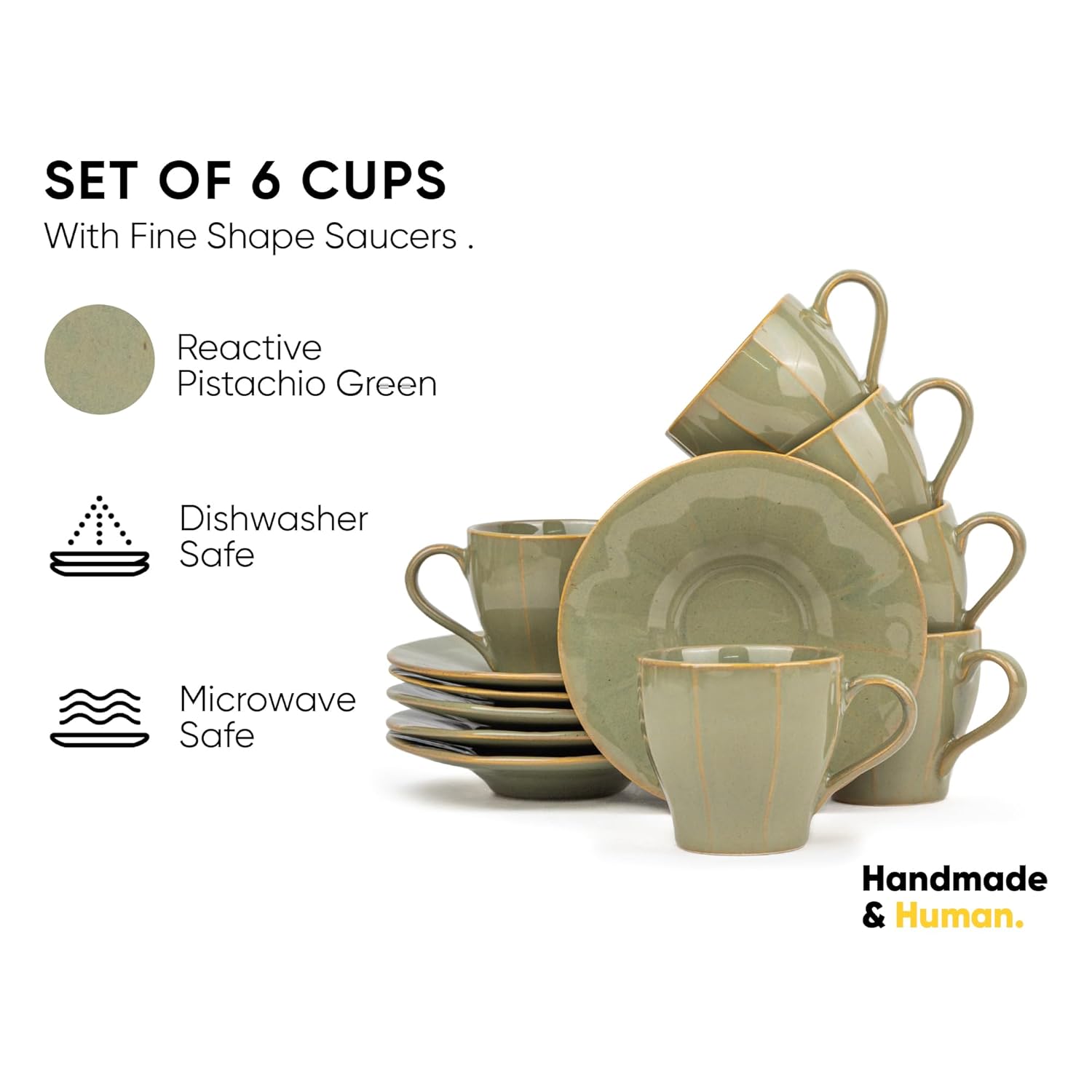 Ceramic Line Cup & Saucer Set Of 6 - Pista Green, 180ml Each | Cup Saucer Set - 6 Cups + 6 Saucers | Glossy Finish Tea Set - Ceramic Tea Cup & Saucer Set Ceramic Line Cup & Saucer Set Of 6 - Pista Green, 180ml Each | Cup Saucer Set - 6 Cups + 6 Saucers | Glossy Finish Tea Set - Ceramic Tea Cup & Saucer Set